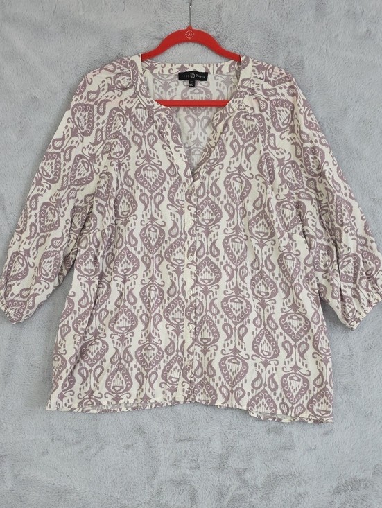 Fred David Tops - Fred David Women's 2X Ivory Taupe Ikat Print Blouse 3/4 Sleeve Split Neck Plus S
